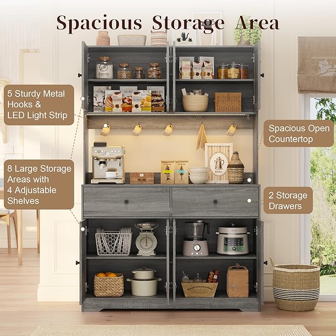 71" Tall Kitchen Pantry Storage Cabinet with Charging Station, 47.2" Wide Kitchen Hutch Cabinet with Large Countertop, Farmhouse Food Pantry with Drawers for Living Room, Gray