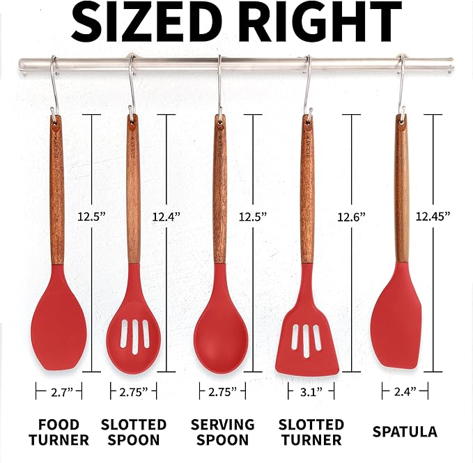 Zulay Kitchen Utensils Set Non-Stick Silicone Cooking Utensils Set with Authentic Acacia Wood Handles - 5 Piece Silicone Utensil Set - Kitchen Utensils Set with 464째F Heat Resistance - Red