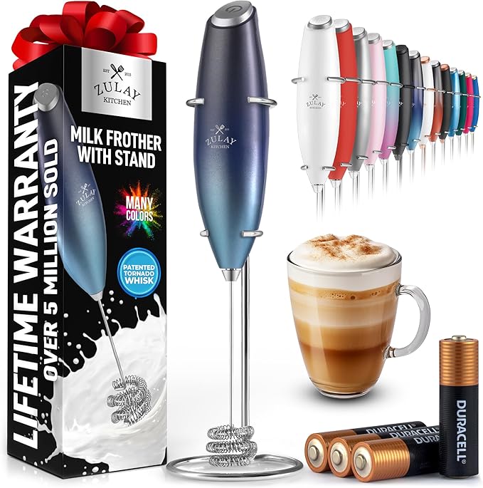 Zulay Kitchen Patented Tornado Triple Whisk Milk Frother with 4 Duracell Batteries ??Handheld Foam Maker for Coffee, Lattes, Matcha & Hot Chocolate ??Rich, Creamy Froth in Seconds