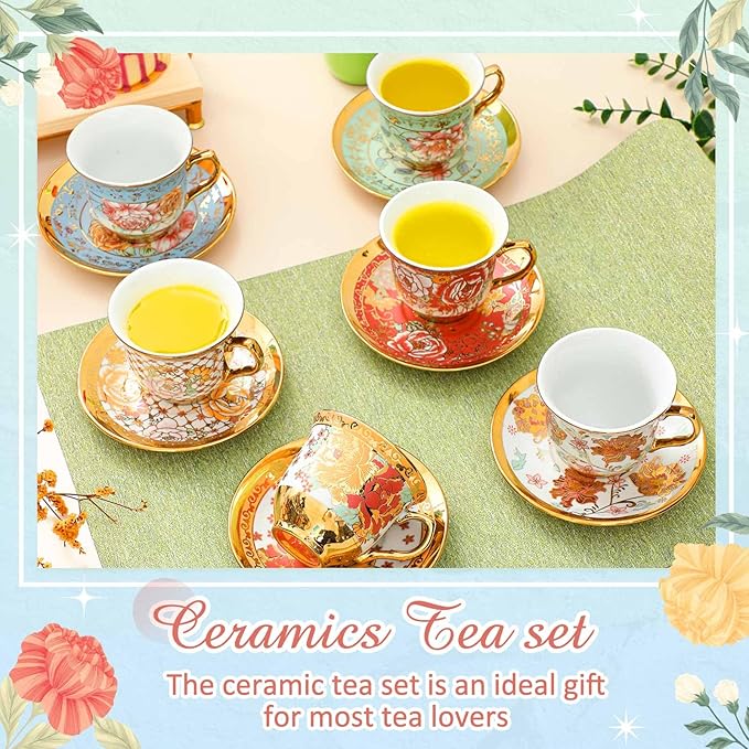 Set of 18 Tea Cups and Saucers Tea Party Decorations Floral Porcelain 5.4 oz British Gift for Women Birthday Party, Church, and Mother's Day (Stylish Style)