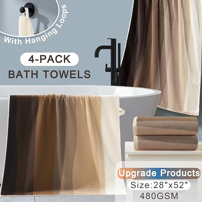 VOOVA & MOVAS Brown Bath Towels Set of 4-100% Cotton | 480GSM | Soft | Absorbent | Long-Lasting, 28"x52", Decorative Towels for Bathroom, Bath Towels Gift Set with Hang Loops, Beige and Brown