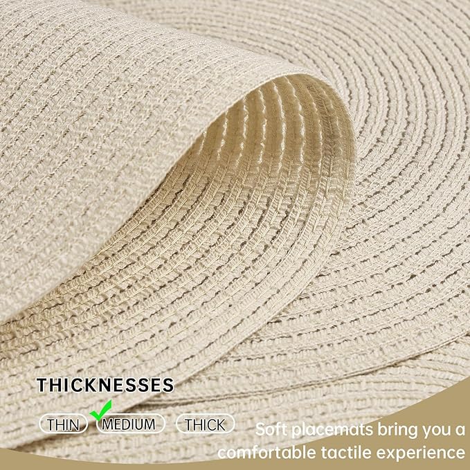 Noctiflorous Oval Braided Placemats Set of 4 Woven 12x18 Inch Non Slip Washable Heat Resistant Place Mats Round Tablemats for Dining Kitchen Party Daily Table Decor Dinner Mats (Solid Beige White, 4)