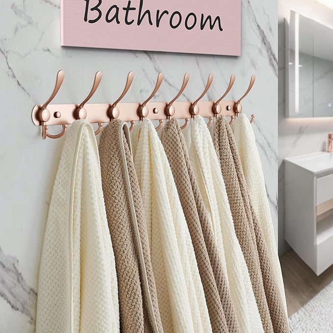 Dseap Coat Rack Wall Mount - 29.5??Long 8-Tri-Hooks Heavy Duty Coat Hanger Rail Wall Hooks for Hanging Coats Hats Clothing Clothes Purse Mudroom Entryway, Rose Gold