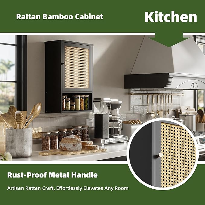 Bathroom Wall Cabinet, Bamboo Over-The-Toilet Storage Organizer with Rattan Doors and Adjustable Shelf, Space Saver Medicine Cabinet for Laundry, Kitchen, Living Room (Black)