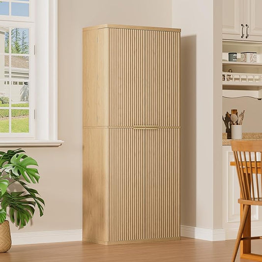 KEIKI 72" Tall Kitchen Pantry Wood Storage Cabinet with 6 Door Shelves Organizer Modern Fluted Cupboard for Kitchen Dining