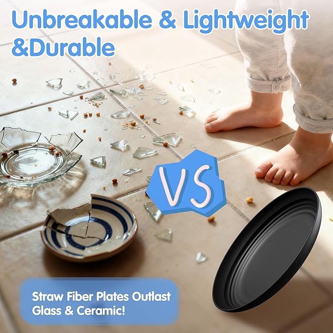 Quatish 10 PCS Unbreakable Reusable Plastic Plates,8 inch Dishwasher & Microwave Safe Dinner Plate, Easy-to-Clean Lightweight,Portable for Kitchen & Picnics Wheat Straw Plates （Black）