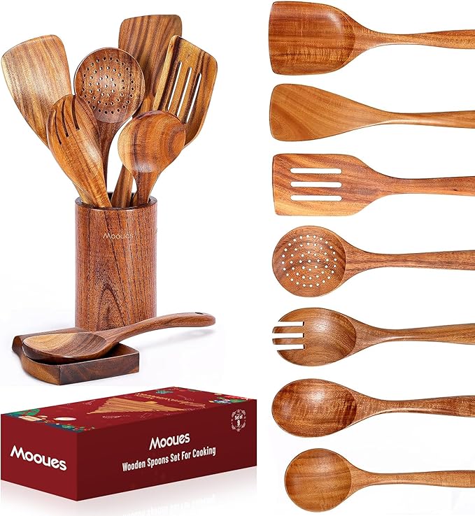 Wooden Spoons for Cooking, Wooden Utensils for Cooking Natural Teak Wooden Kitchen Utensils Set Comfort Grip(9 PCS Xmas Gift)