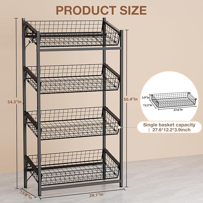 VOPEAK 4 Tier Retail Snack Display Stand, Metal Retail Display Rack with 2 Hooks, Potato Storage Rack, Concession Stand Candy Organizer, Easy Assembly Fruit Basket, Snack Organizer for Pantry, Office