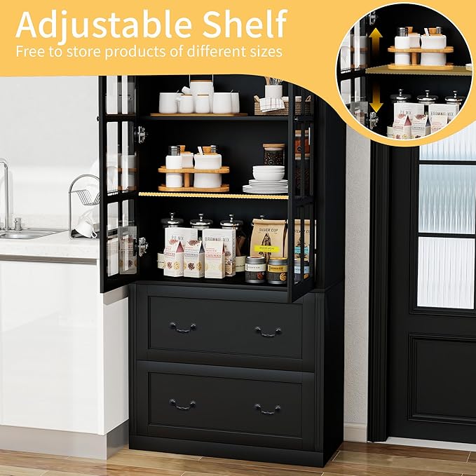 78.8" Tall Bookcase Display Storage Cabinet Hutch with Glass Doors & Drawers - Curio Display Bookshelf Kitchen Pantry for Home, Kitchen, Living Room.