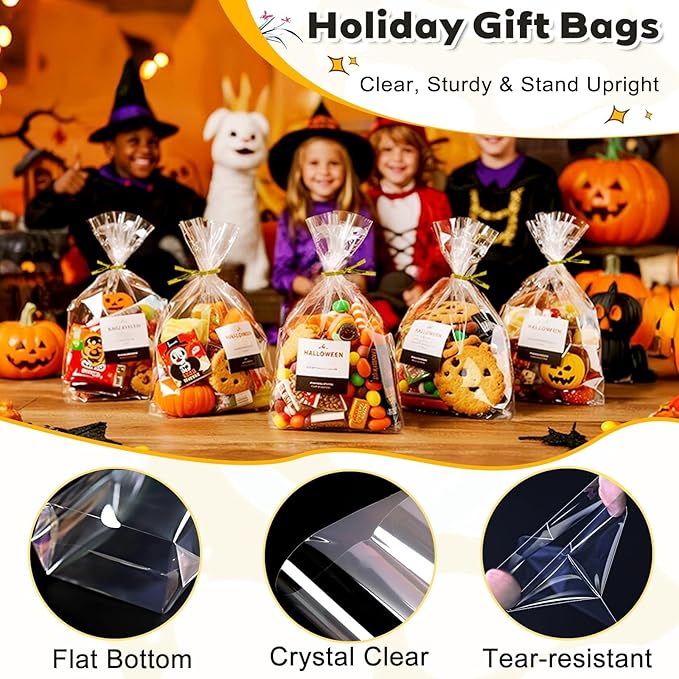 PigPotParty Cellophane Treat Bags 6"x9", 100 Pack Clear Goodie Bags, Bottom Gusset for Stand-Up Display, Small Plastic Gift Wrap for Cookies, Candy, Party Favors, Popcorn, Includes 100 Gold Ties
