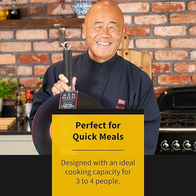 Ken Hom 12" Carbon Steel Nonstick Stir Fry Wok - Soft Touch Helper Handle and Lightweight Flat Bottom Design