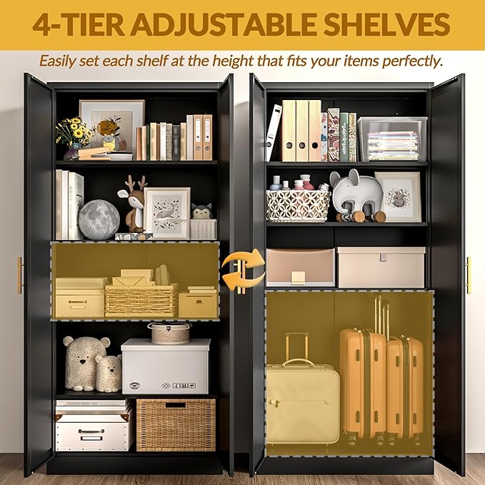 Kitchen Pantry Cabinet,71??Metal Tall Pantry Storage Cabinet with Doors and 4 Adjustable Shelves,Kitchen Storage Cabinets Black Freestanding Food Cabinet for Pantries, Kitchen, Livingroom, Dining Room