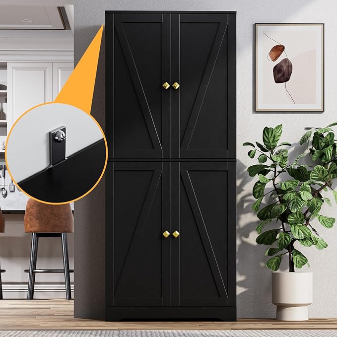 LYNSOM Farmhouse Pantry Storage Cabinet Set of 2, 72" Tall Kitchen Pantry Cabinet with 4 Barn Doors and Adjustable Shelves, Black Storage Cabinets for Kitchen, Dining Room, Black