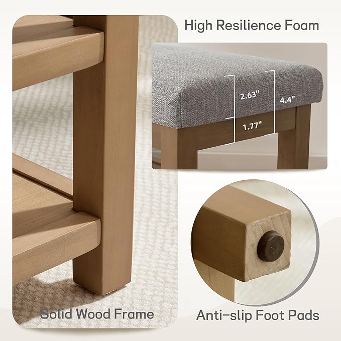 Zihanhome Shoe Rack Bench with Cushion, 2 Tier Solid Wood Storage Bench, Mid-Century Modern Shoe Bench for Entryway, Hallway, Closet, Front Door Entrance, Foyer (Grey, 31.5")