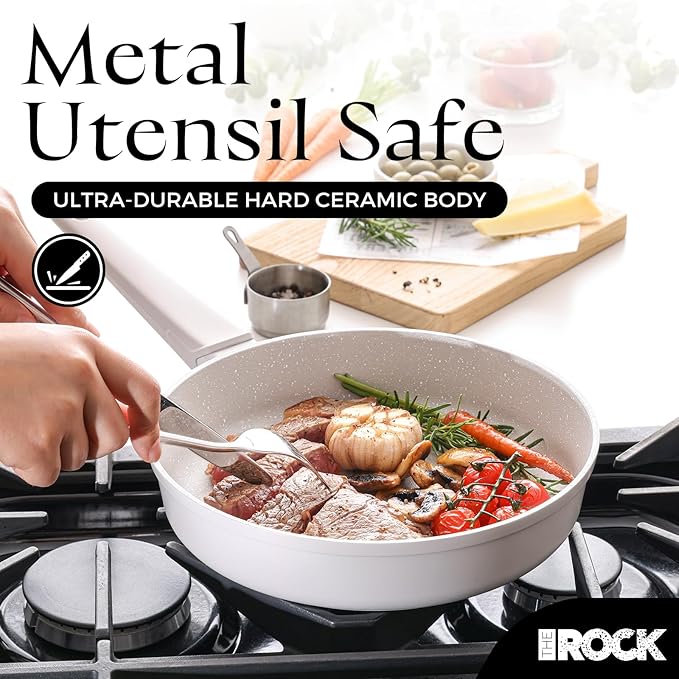 THE ROCK SOHO 11-Inch Ceramic Non Stick Frying Pan ??Nothing Sticks, Never Warps, Lasts Longer, Non Toxic Skillet with Heat-Resistant Handle, PTFE PFOA & PFAS Free, Oven & Dishwasher Safe, Cream