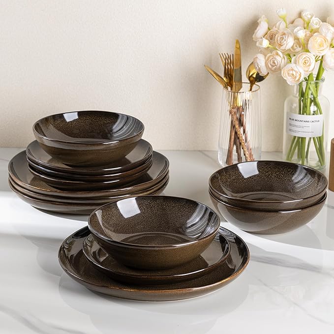 AmorArc Ceramic Dinnerware Sets,Handmade Reactive Glaze Stoneware Plates and Bowls Sets,Highly Chip and Crack Resistant | Dishwasher & Microwave Safe Dishes Set,Service for 4 (12pc)