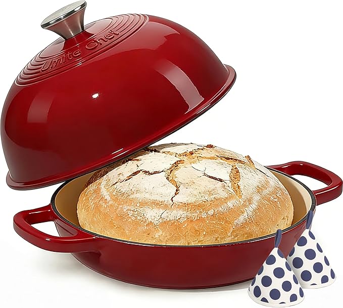 Enamelled Cast Iron Dutch Oven Pot ??Dutch Oven Pot with Lid For Sourdough Bread Baking ??Cast Iron Bread Oven ??Red, Umite Chef 6QT Pot with Lid & Cotton Potholders