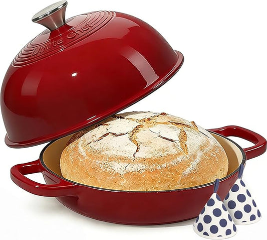 Enamelled Cast Iron Dutch Oven Pot ??Dutch Oven Pot with Lid For Sourdough Bread Baking ??Cast Iron Bread Oven ??Red, Umite Chef 6QT Pot with Lid & Cotton Potholders