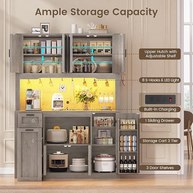 Itaar 71" Pantry Cabinet with Charging Station and LED Light, Kitchen Pantry Cabinet with Microwave Stand, 47.2" Wide Kitchen Storage Cabinets with Storage Cart 3 Tier for Dining Room, Grey