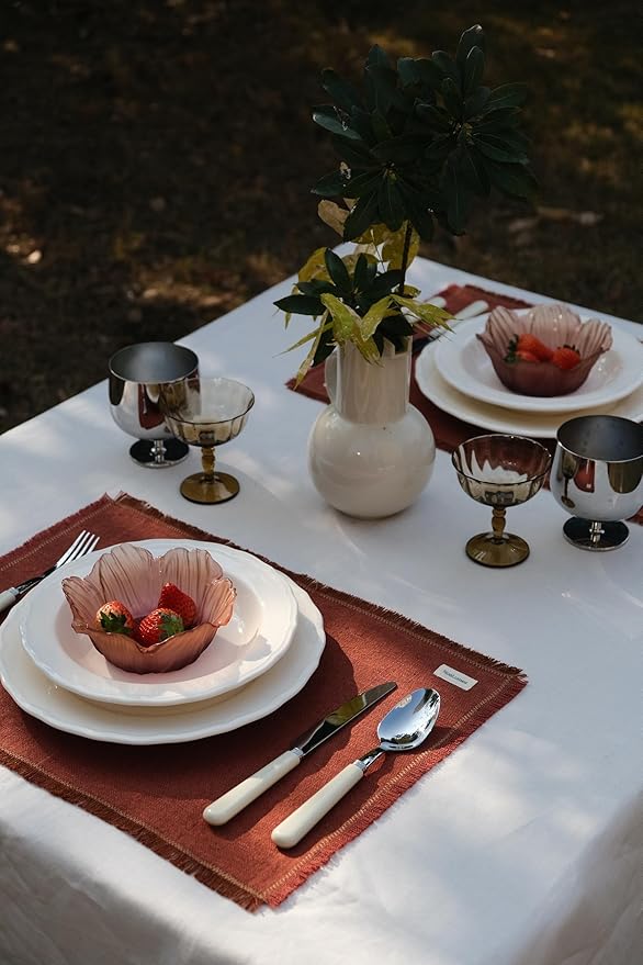 Noalumea 100% Linen Placemats Set of 4 ??Thick Terracotta Table Mats with Hand-Frayed Edges, Machine Washable, Elegant Dining Table Decor for Everyday Meals & Holiday Gatherings, 14 x 19 Inch