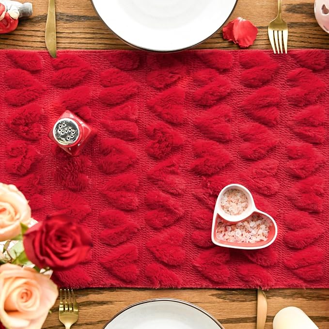 Artoid Mode Red Soft Plush Faux Fur Jacquard Heart Valentine's Day Table Runner, Seasonal Kitchen Dining Table Decoration for Home Party Decor 13x120 Inch