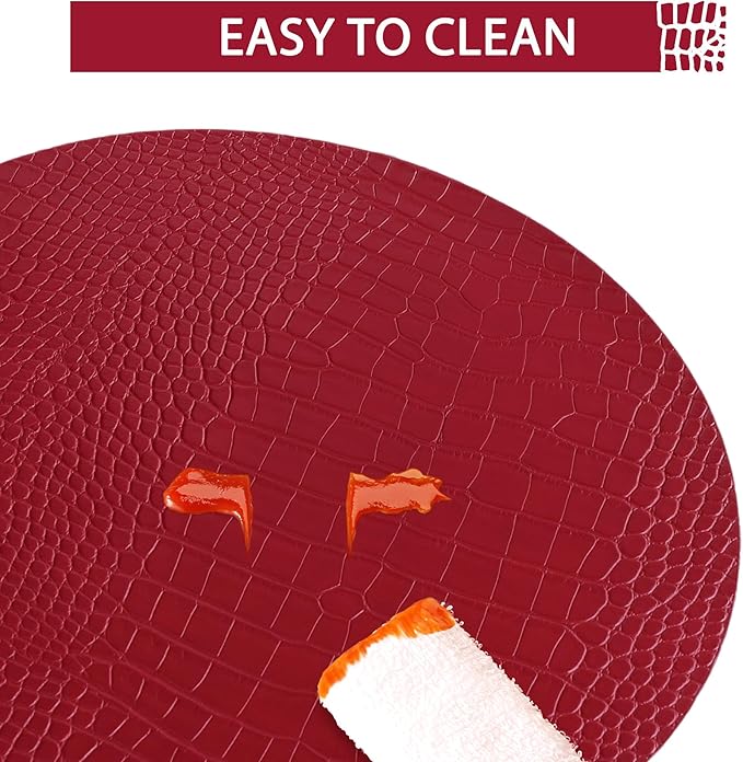 Jovono Round Leather Placemats for Round Tables Set of 8, Red Place Mats and Coasters, Wipeable Waterproof Heat Resistant Table Mats Easy to Care for Indoor Decor 13 inch Diameter