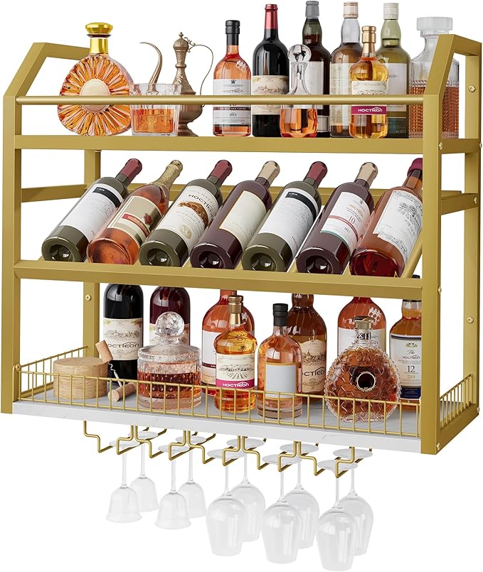 Hoctieon Wall Mount Wine Rack, Wall Mounted Wine Bottle Rack for Display and Storage, Hanging Bottle Holder, for Living Room, Dining Room, Bar, Wine Cellar, Gold&White