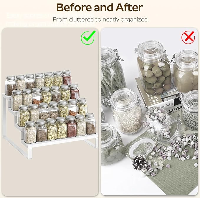 Spice Rack, Wooden Display Riser Stand, Set of 2, Perfume Organizer, Vanity Display Stand, Tiered Countertop Organizers, Space Saving, for Kitchen Spices, Syrup, Coffee Mugs, White SR04L2WW