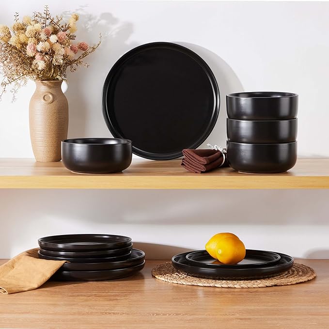 Herogo 18 Pieces Stoneware Dinnerware Sets Service for 6, Dinner Plates and Bowls Sets, Double Reactive Glaze Dishes Set for Kitchen, Scratch Resistant, Microwave & Dishwasher Safe, Matte Black