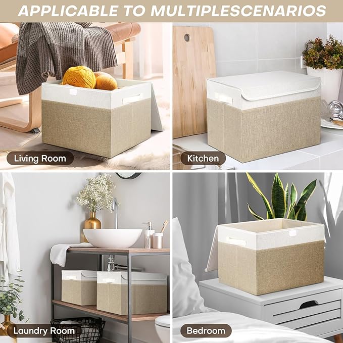 Bagnizer Large 17" 42 Quarts Collapsible Stackable Storage Bins with Lids [3-Pack] Foldable Fabric Linen Storage Boxes Cube, Closet Organizer Baskets with Label (16.7 x 12 x 12, Beige & White)
