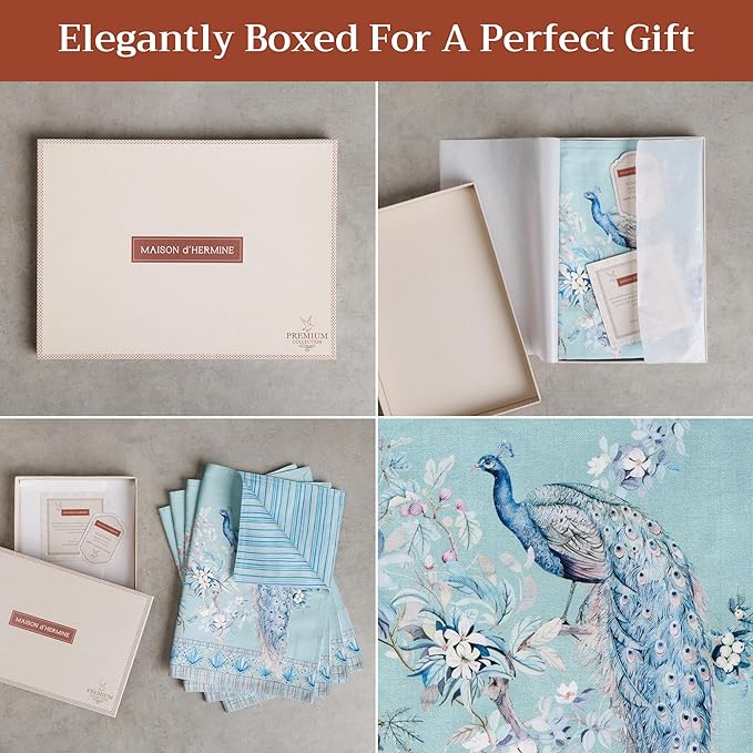 Maison d' Hermine Placemat 100% Combed Cotton Premium Set of 4 Decorative Washable Place Mats Table Cloth Placemat, Dining & Camping - Peacock Utopia - Pastel Turquoise(13"x19")