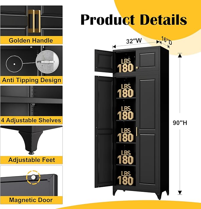 90?쒴itchen Pantry Cabinet,Metal Storage Cabinets with Doors and 4 Adjustable Shelves,Black Kitchen Cabinet with 2 Gold Handles,Tall Cabinet for Livingroom, Bathroom