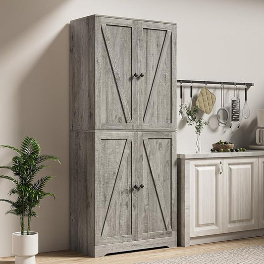 LYNSOM Farmhouse Storage Cabinet 72" Tall, Kitchen Pantry Cabinet with 4 Barn Doors and Adjustable Shelves, Freestanding Storage Cabinets for Kitchen, Grey
