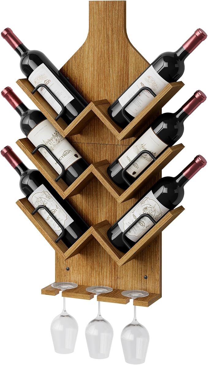 Hoctieon Wine Rack Wall Mounted, 6 Bottles Wood Wine Rack for Display and Storage, Hanging Bottle Holder Bar Shelves for Living Room, Kitchen, Dining Room, Wine Cellar, Warm Brown