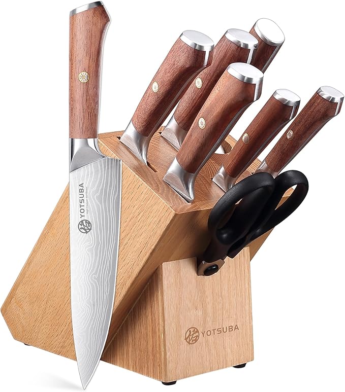 YOTSUBA Kitchen Knife Set, 8 PCS Knife Set with Block, High Carbon Stainless Steel Chef Knives Set, Sharp Knives Set for Kitchen, Japanese Knife Set with Ergonomic Rosewood Handle