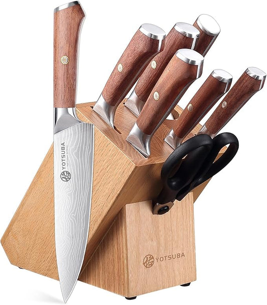 YOTSUBA Kitchen Knife Set, 8 PCS Knife Set with Block, High Carbon Stainless Steel Chef Knives Set, Sharp Knives Set for Kitchen, Japanese Knife Set with Ergonomic Rosewood Handle