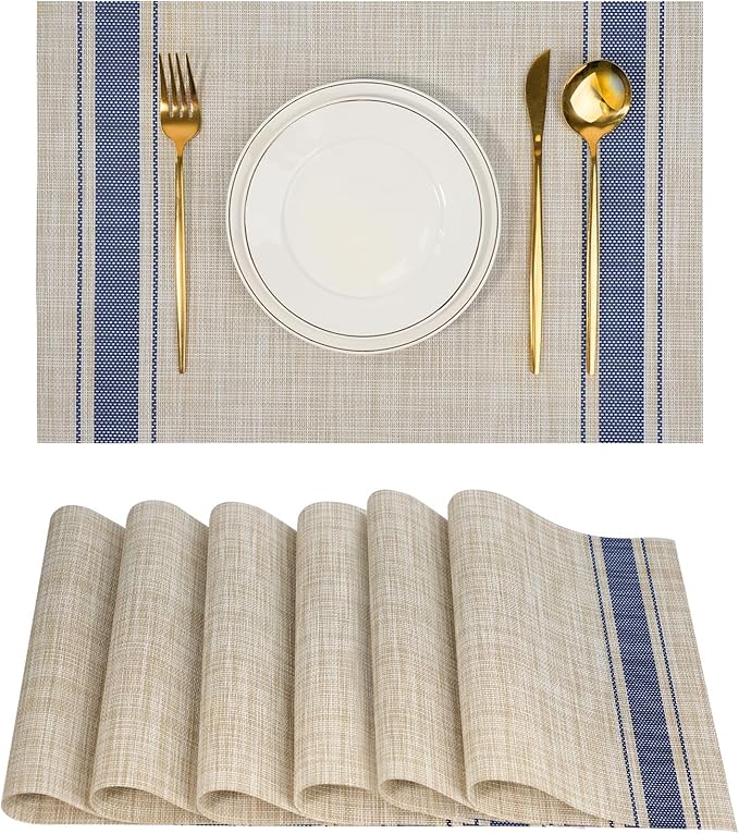 flohar Placemats Set of 6竊똍on-Slip PVC Weave Table Mats Easy to Clean竊똇eat Resistant Place Mats for Kitchen Dining Table Decoration Indoor Outdoor竊똊haki Blue