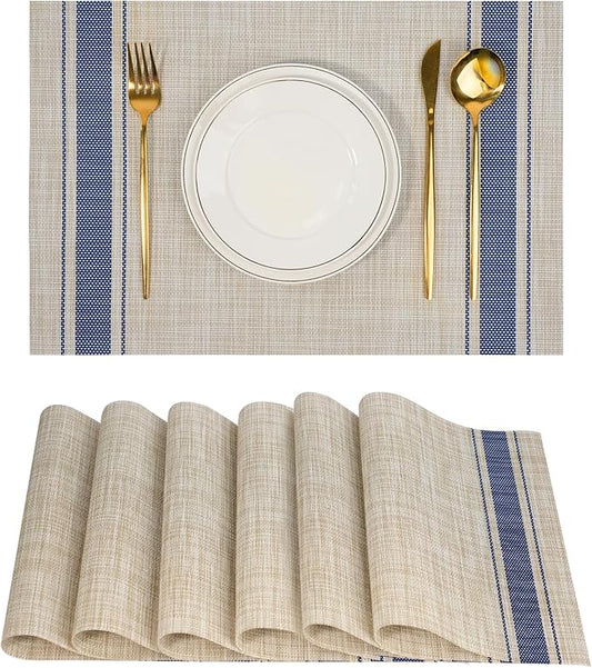 flohar Placemats Set of 6竊똍on-Slip PVC Weave Table Mats Easy to Clean竊똇eat Resistant Place Mats for Kitchen Dining Table Decoration Indoor Outdoor竊똊haki Blue