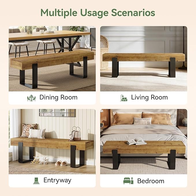 TRIBEWOOD Solid Wooden Entryway Bench, 63" Farmhouse Indoor Shoe Bench with Metal Legs, Industrial Long End of Bed Stool with Seating for Entry, Hallway, Porch, Living Room, Mudroom, Easy Assembly