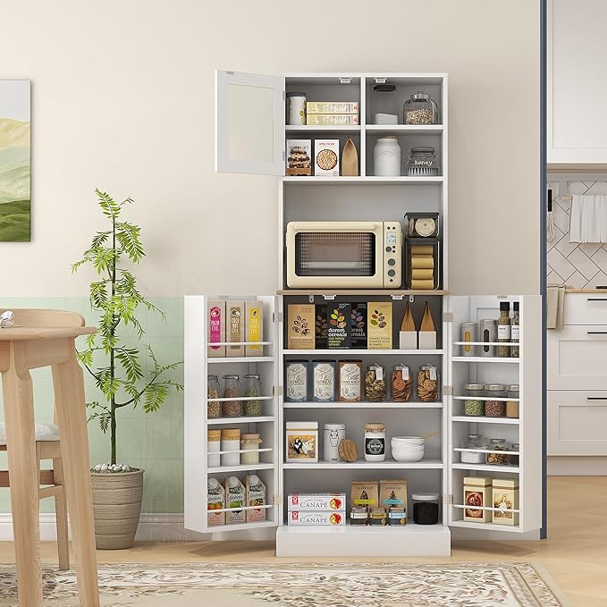 Zateety 66.5" Pantry Cabinet with Microwave Stand, Freestanding Kitchen Storage Cabinet with Hutch, 8 Door Shelves, Adjustable Shelves, Food Pantry Cabinet for Dining Room, White