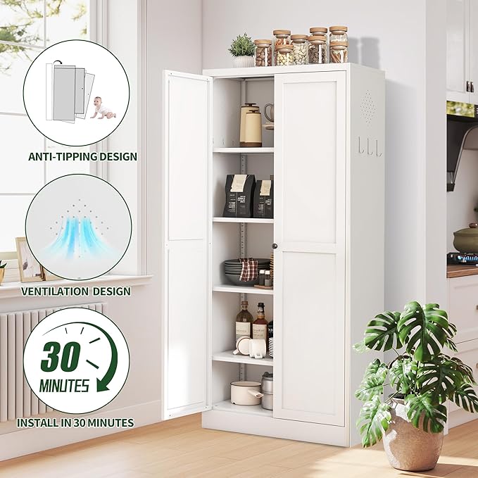 Kitchen Pantry Cabinet,White Metal Pantry Cabinet with 2 Doors & 4 Adjustable Shelves,61" Farmhouse Utility Storage Cabinet Rust-Resistant for Living Room,Dining Room,Bathroom,Garage,Basement