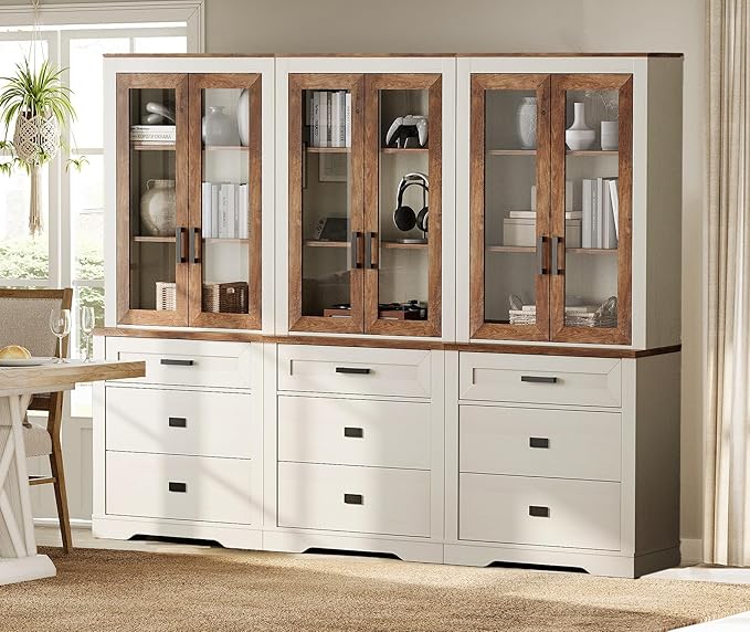 WAMPAT 3 Column 3 Tier Pantry Cabinet with Drawer,73.3" Tall Floor Standing Cupboard,Modern Farmhouse Kitchen Buffet with Adjustable Shelves and Glass Door for Dining Room,Living Room,White Oak