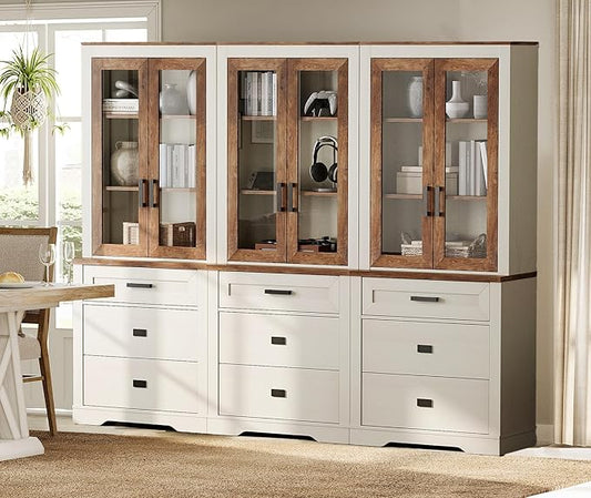 WAMPAT 3 Column 3 Tier Pantry Cabinet with Drawer,73.3" Tall Floor Standing Cupboard,Modern Farmhouse Kitchen Buffet with Adjustable Shelves and Glass Door for Dining Room,Living Room,White Oak
