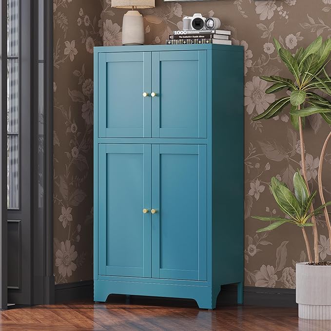 43" H Blue Small Kitchen Pantry Cabinet,Metal White Pantry Cabinets with Doors,Small Storage Cabinets,Food Pantry Cabinet with 4 Doors and Shelves for Kitchen and Dining Room