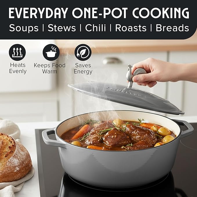 MUELLER HOME 5.5 Quart Enameled Cast Iron Oval Dutch Oven with Rooster Knob & Cotton Potholders, Heavy-Duty Cookware, Oven-Safe up to 500째 F & Across All Cooktops, Gifts for Grandma & Women, Gray