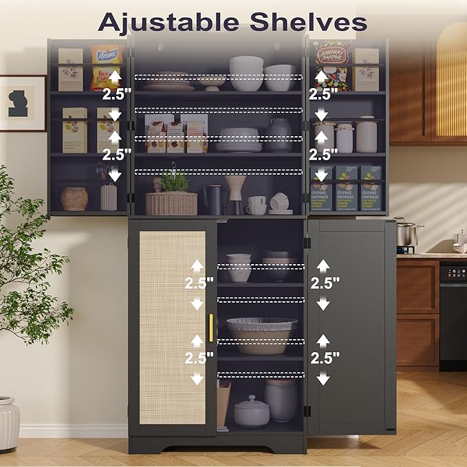 Rattan 72" Tall Kitchen Pantry Cabinet with 4 Doors, Boho Cabinet with Adjustable Shelves, Modern Mid Century Food Pantry with Storage, Freestanding Cupboard for Living Room, Bathroom, Black
