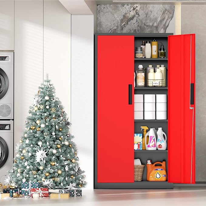 INTERGRAET 63" Tall Pantry Cabinet,Kitchen Pantry Storage Cabinets with 2 Doors and 4 Shelves,Black Red Metal Storage Cabinet,Cupboard for Home,Kitchen,Living Room/Dining