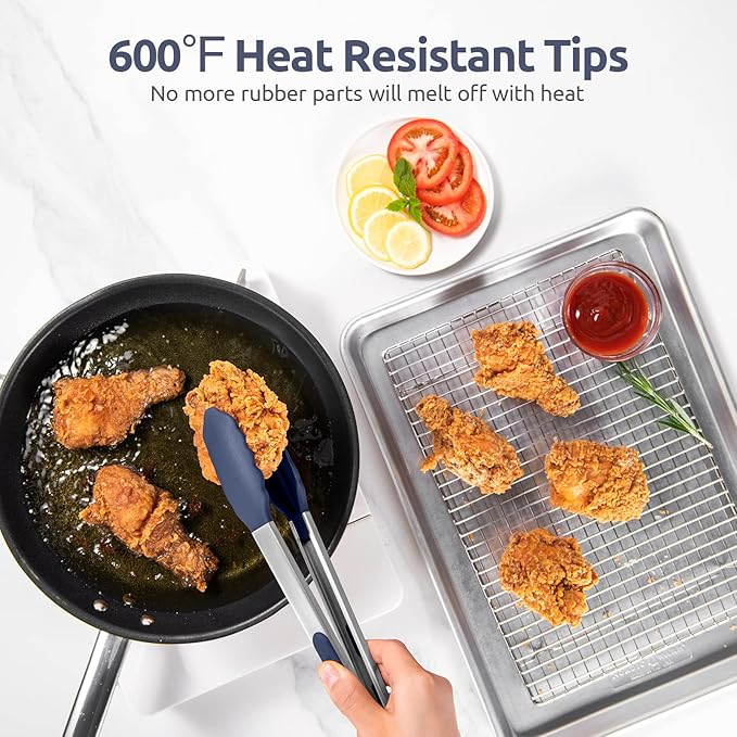 600쨘F Heat Resistant Kitchen Tongs: U-Taste 12 inch Large Silicone Cooking Tong with Non Stick Rubber Tips & Silicon Coated 18/8 Stainless Steel Handle & Smooth Lock for Serving Grill (Midnight Blue)