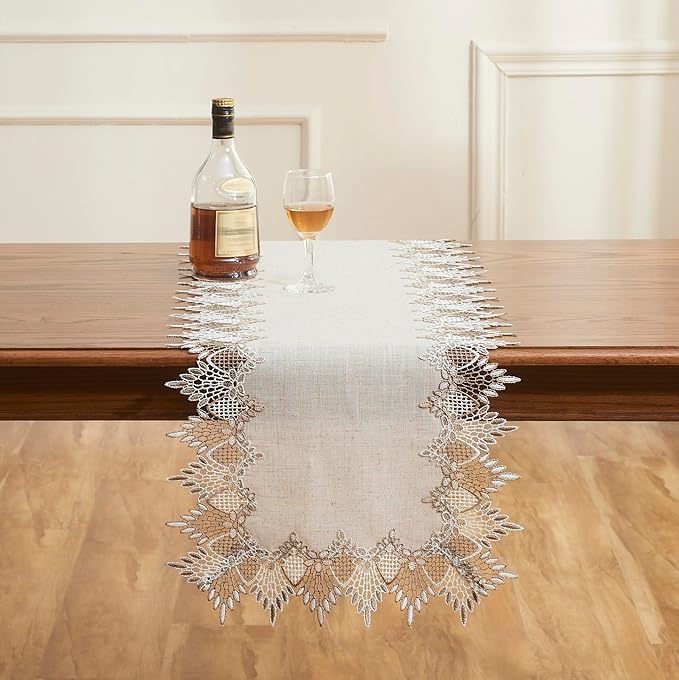 Raedan Natural Linen Table Runner 60 inches Neutral Earth Tones Beige Lace Handcrafted Coffee Table Runners Dresser Scarf for Spring Easter Summer Kitchen Wedding Party (Natural, 16?쓝60??