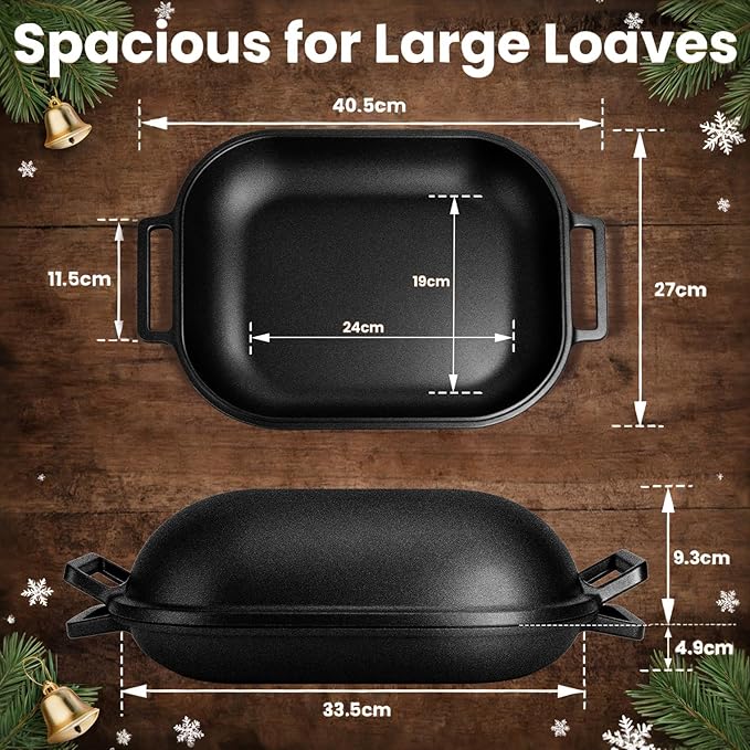 Heavy-Duty Pre-Seasoned Cast Iron Bread Pan, Same as the challenger Bread Pan Cast Iron with Lid, For Homemade Breadmaking, Cloche Inverted Dutch Oven Set for Baking, 15 Lbs Heavy Duty, Non-stick